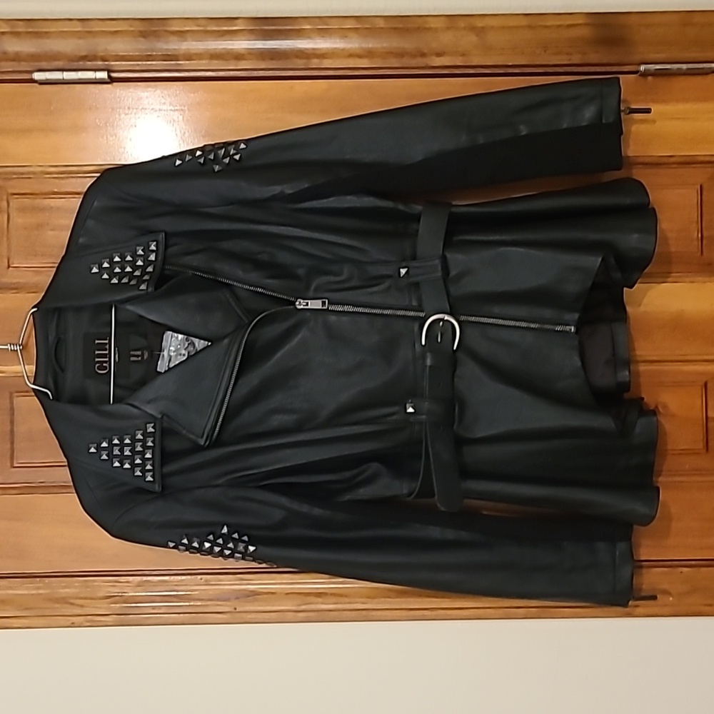 GILI unique moto black studded leather jacket with belt and peplum bottom